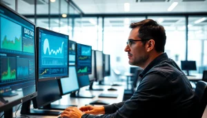 An engineer analyzing data related to das 140 in a modern office setting, with multiple screens and bright lighting.