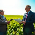 Agriculture lawyer advising a farmer in a green field, exemplifying legal guidance.
