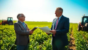 Agriculture lawyer advising a farmer in a green field, exemplifying legal guidance.