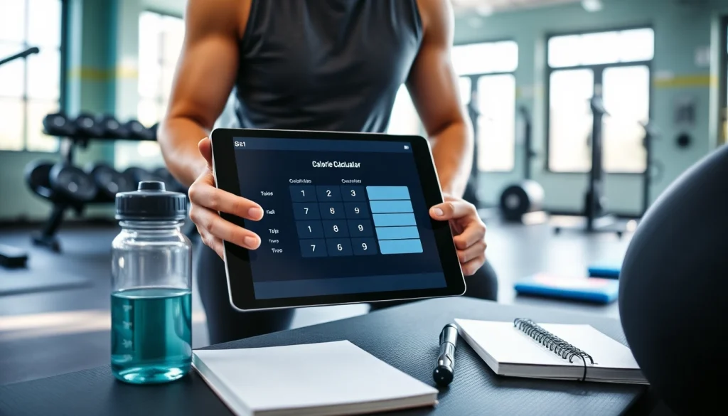 Using a calorie calculator on a tablet in a gym to track fitness goals.
