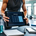Using a calorie calculator on a tablet in a gym to track fitness goals.