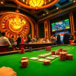 Experience the thrill of okfun casino with vibrant gaming tables and excited players.