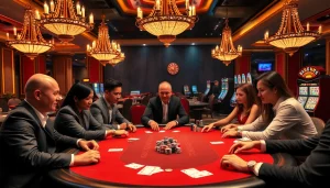 Engaged players betting at a poker table in a luxury casino, highlighting the exciting atmosphere at 58win.