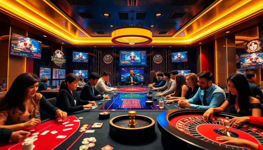 Highlighting the engaging atmosphere of OKVIP live casino games, showcasing players enjoying Baccarat and Blackjack.