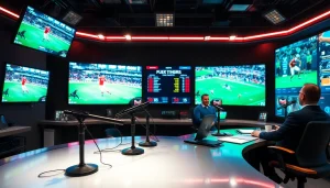 Engaging sports broadcasting studio showcasing live games with hosts and dynamic visuals.