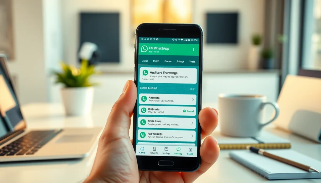 FM WhatsApp interface displayed on a smartphone in a modern workspace setting.