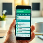 FM WhatsApp interface displayed on a smartphone in a modern workspace setting.