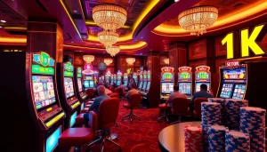 Area mesin slot deposit 1k yang semarak dengan lampu berwarna-warni dan pemain yang antusias.
