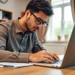Fill out the eta uk application form in a bright home office setting, emphasizing professionalism.