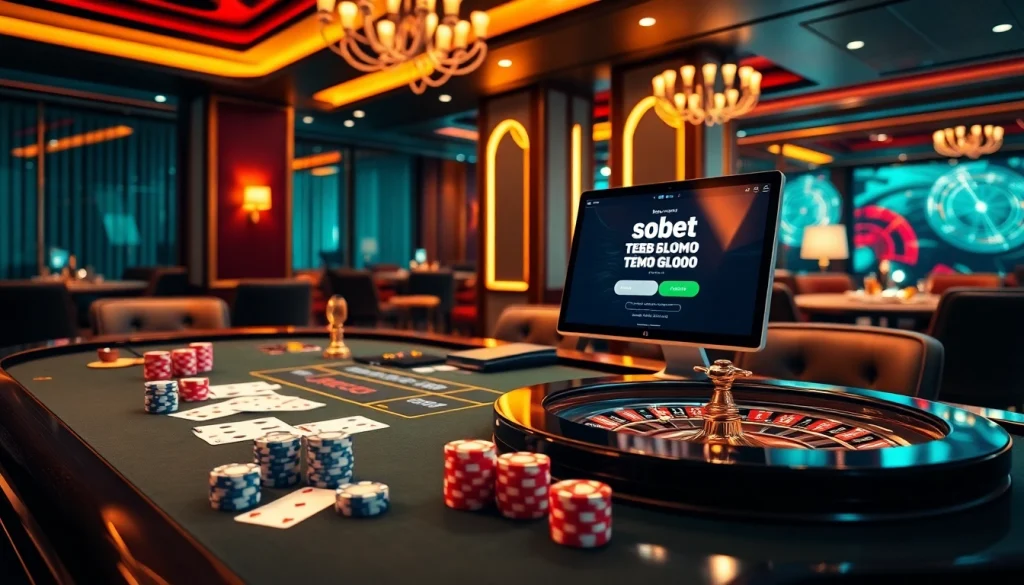 SboBet login terbaru showcased on an elegant gaming table with professional poker players and casino chips.