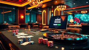 SboBet login terbaru showcased on an elegant gaming table with professional poker players and casino chips.