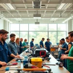 Engaged students at trade schools Oahu focusing on hands-on training in a bright learning environment.