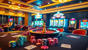 Experience thrilling gaming at loto188.gb.net with luxurious casino tables and colorful poker chips.