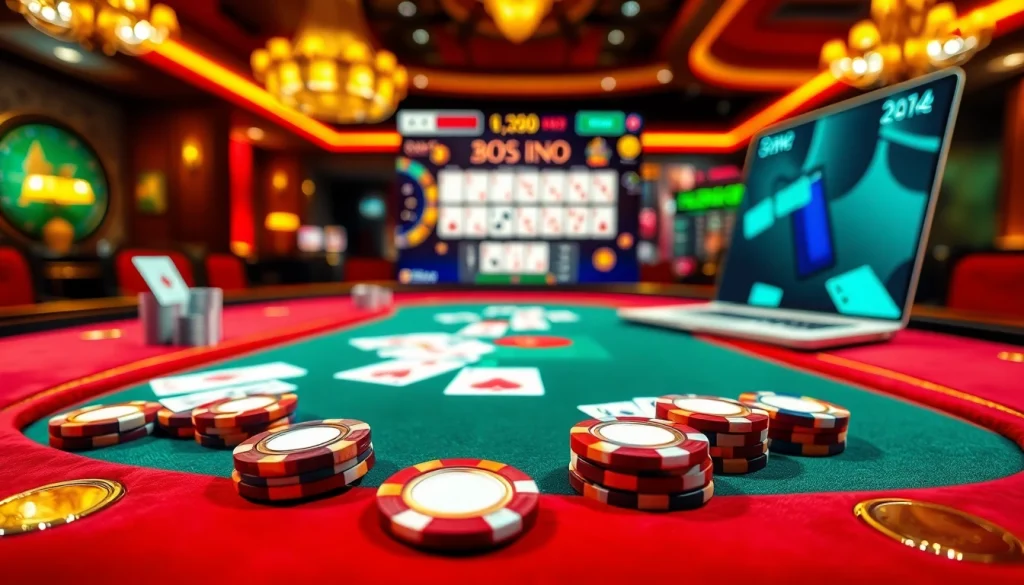 Engaged players enjoying poker online with vibrant chips and cards on a luxurious casino table.