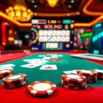Engaged players enjoying poker online with vibrant chips and cards on a luxurious casino table.