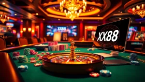 Engaging casino atmosphere highlighting the thrilling experience at https://xx88.se.net/ with vibrant poker chips and roulette wheels.