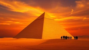 View of majestic piraminds at sunset with tourists admiring its grandeur.