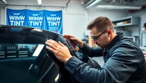 Find expert window tint near me with a technician applying premium tint to a luxury car.