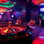 Players enjoying an exciting roulette game at 28BET casino with vibrant chips and live odds display.