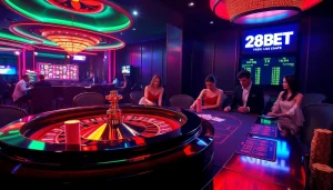 Players enjoying an exciting roulette game at 28BET casino with vibrant chips and live odds display.