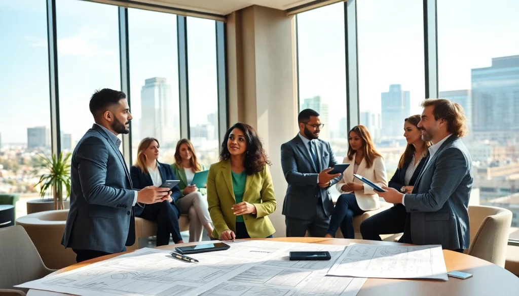 Engaged members of the construction association Denver collaborating on plans and projects.