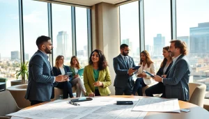 Engaged members of the construction association Denver collaborating on plans and projects.