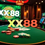 Experience the excitement of XX88 with vibrant casino scenes featuring poker tables and online gameplay.