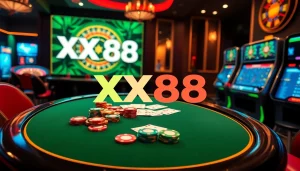 Experience the excitement of XX88 with vibrant casino scenes featuring poker tables and online gameplay.