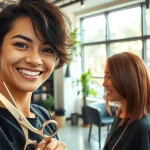 Coafat Craiova: Hairstylist showcases a stylish haircut in a modern salon.