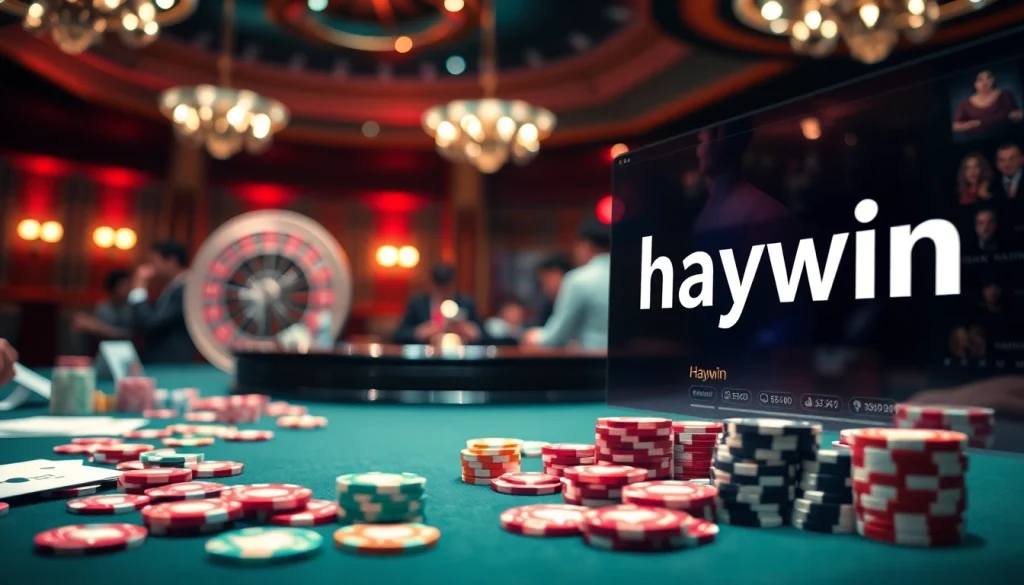 Haywin offers an engaging casino experience with players enjoying poker and roulette in a vibrant setting.