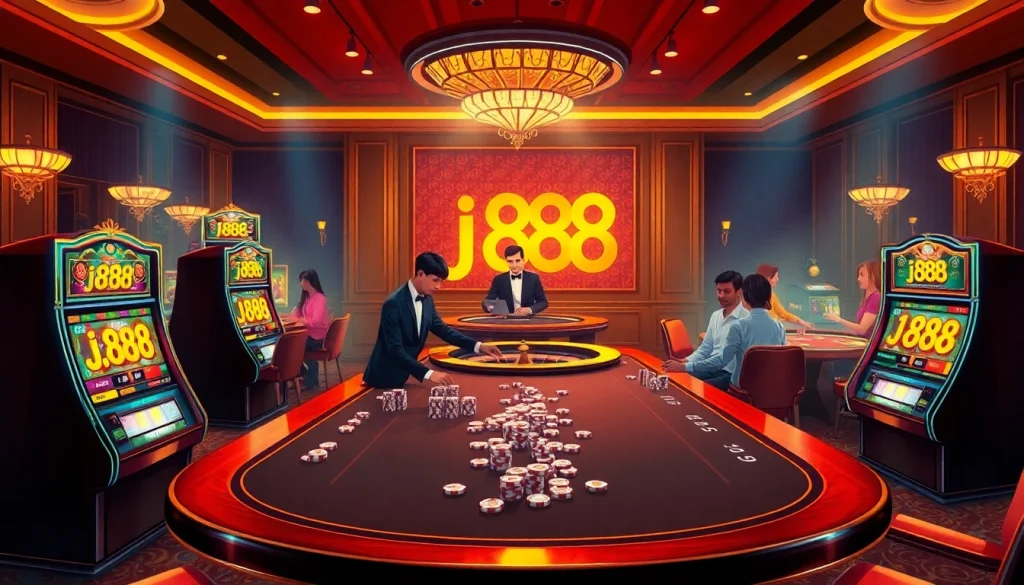 Experience the excitement of j888 at upscale casino tables with vibrant slot machines and engaged players.