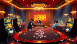 Experience the excitement of j888 at upscale casino tables with vibrant slot machines and engaged players.