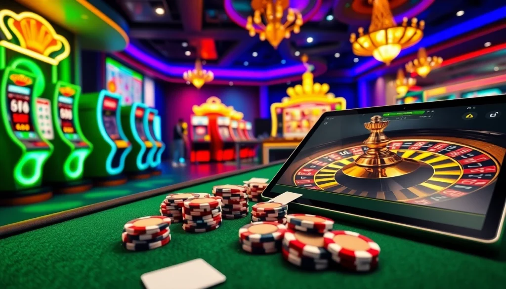 Casino gaming table featuring nhà cái luck8 elements, vibrant slot machines, and poker chips.