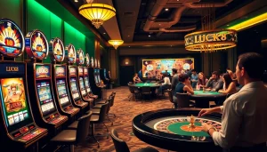 Sàn casino LUCK8 với các người chơi tại bàn roulette và máy đánh bạc ăn mừng chiến thắng