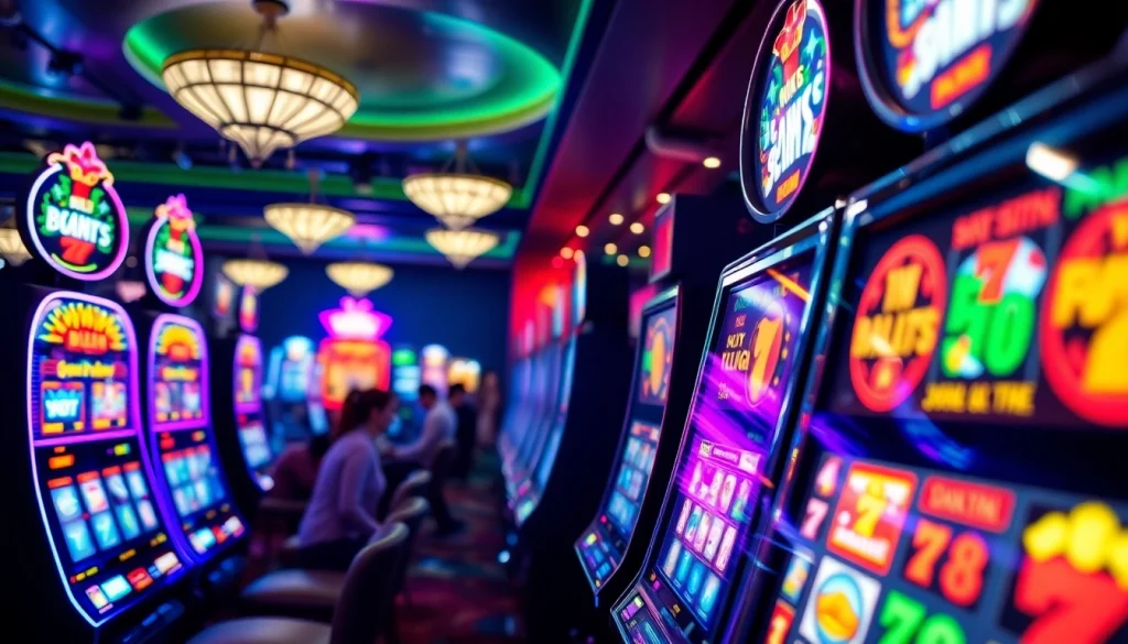 Menampilkan suasana slot depo 1k yang hidup dengan mesin slot berwarna-warni dan pemain yang bersemangat.