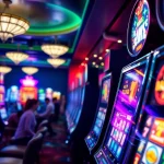 Menampilkan suasana slot depo 1k yang hidup dengan mesin slot berwarna-warni dan pemain yang bersemangat.