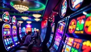 Menampilkan suasana slot depo 1k yang hidup dengan mesin slot berwarna-warni dan pemain yang bersemangat.