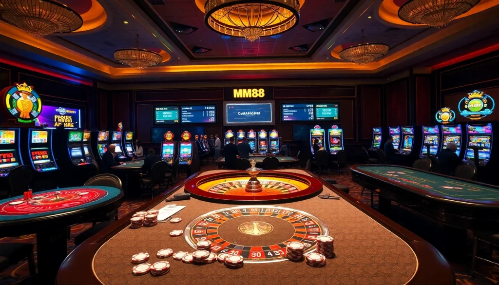 Engaging casino scene showcasing nhà cái mm88 with vibrant gaming tables, slot machines, and excited players.