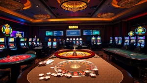 Engaging casino scene showcasing nhà cái mm88 with vibrant gaming tables, slot machines, and excited players.