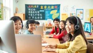 QQイングリッシュ クーポンを使ってオンライン英語学習に取り組む生徒たちの、活気ある環境の場面