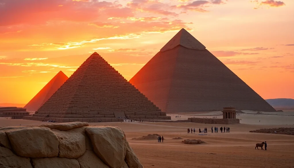 View of the majestic piraminds under a dramatic sunset, highlighting their grandeur and history.