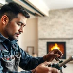 Technician performing heating repair lewisboro service in a cozy home setting.