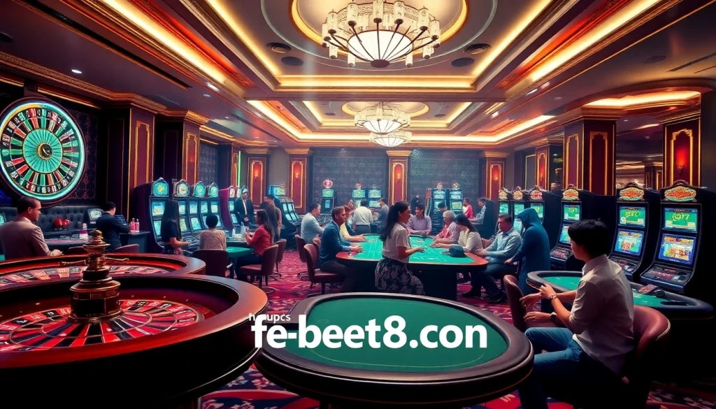 Experience the thrill of online gaming at https://febet8.com with engaging casino tables and vibrant players.