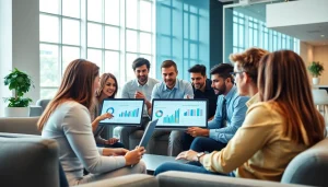 Analyze the competitor customer list with a team of professionals in a modern office.