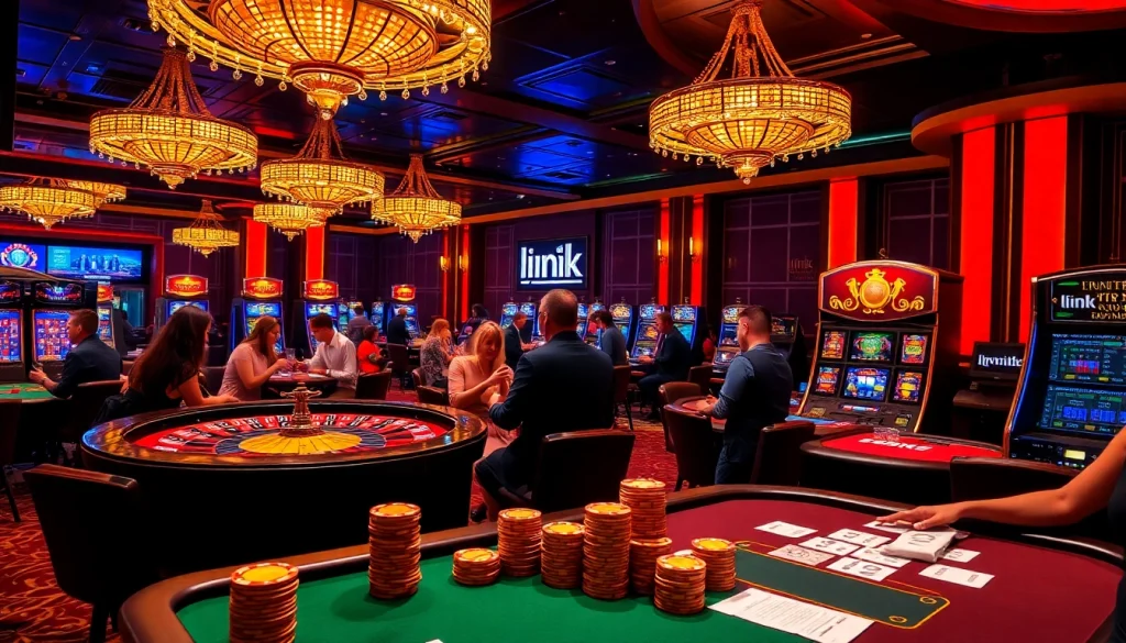 Engaging casino experience with 'link thabet', players at the roulette wheel and poker tables.