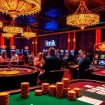 Engaging casino experience with 'link thabet', players at the roulette wheel and poker tables.