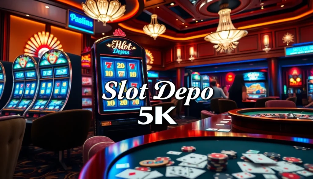 Experience the excitement of slot depo 5k with vibrant machines and happy players in a luxurious casino setting.