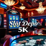 Experience the excitement of slot depo 5k with vibrant machines and happy players in a luxurious casino setting.