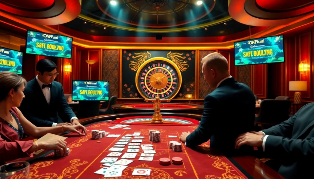 Exciting online gambling scene at Nhà cái OKFUN showcasing casino tables and players.