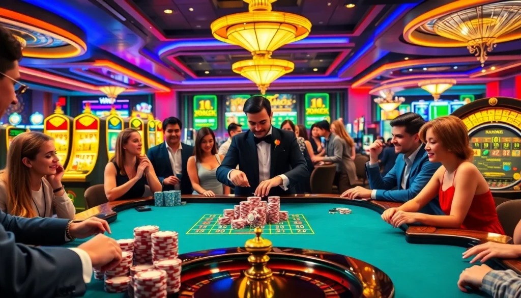 Players enjoying a thrilling round at MM88 casino table with vibrant poker chips and cards.
